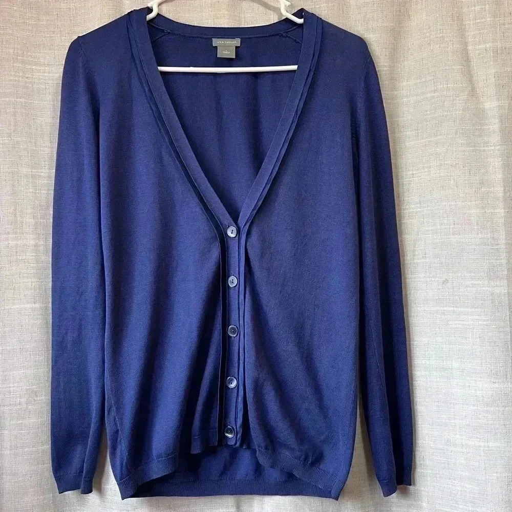 Ann Taylor | Silk Blend Button Up V-Neck Cardigan Navy Royal Blue Women’s Small